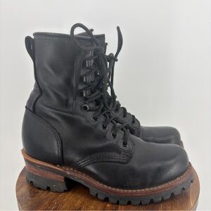 Vintage Frye Logger Boots Black Lug Sole Lace Up Leather Women’s 7 Fits 7.5